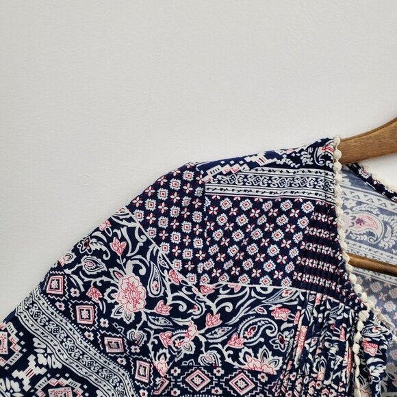 Daniel Rainn Navy‎ Red Floral Peasant Boho Top Size M Long Sleeve Lightweight - Picture 8 of 14